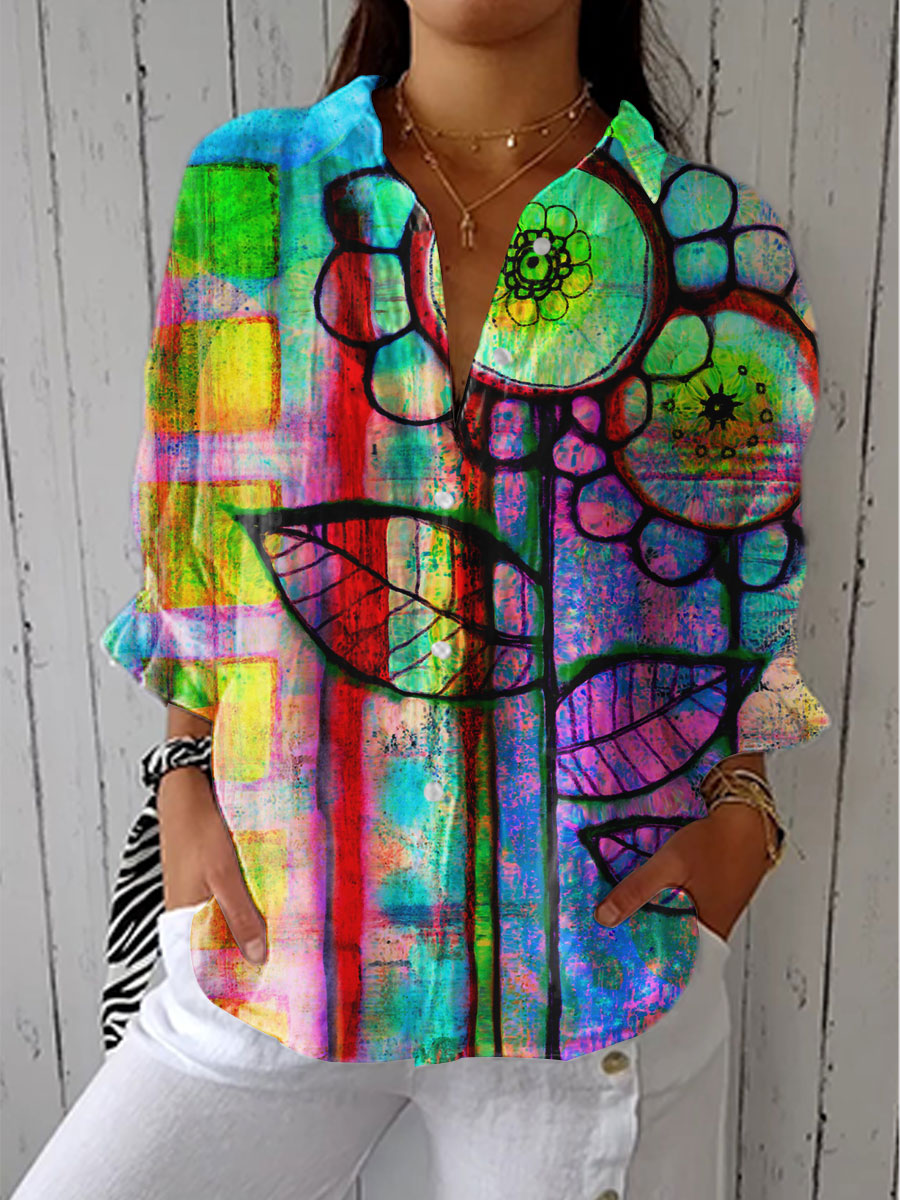 Multicolor abstract print blouse with button-front and pointed collar