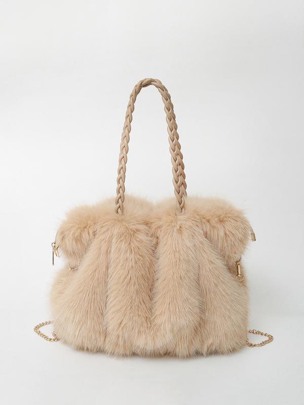 Plush faux-fur shoulder tote with braided rope handles and gold chain strap, light cream