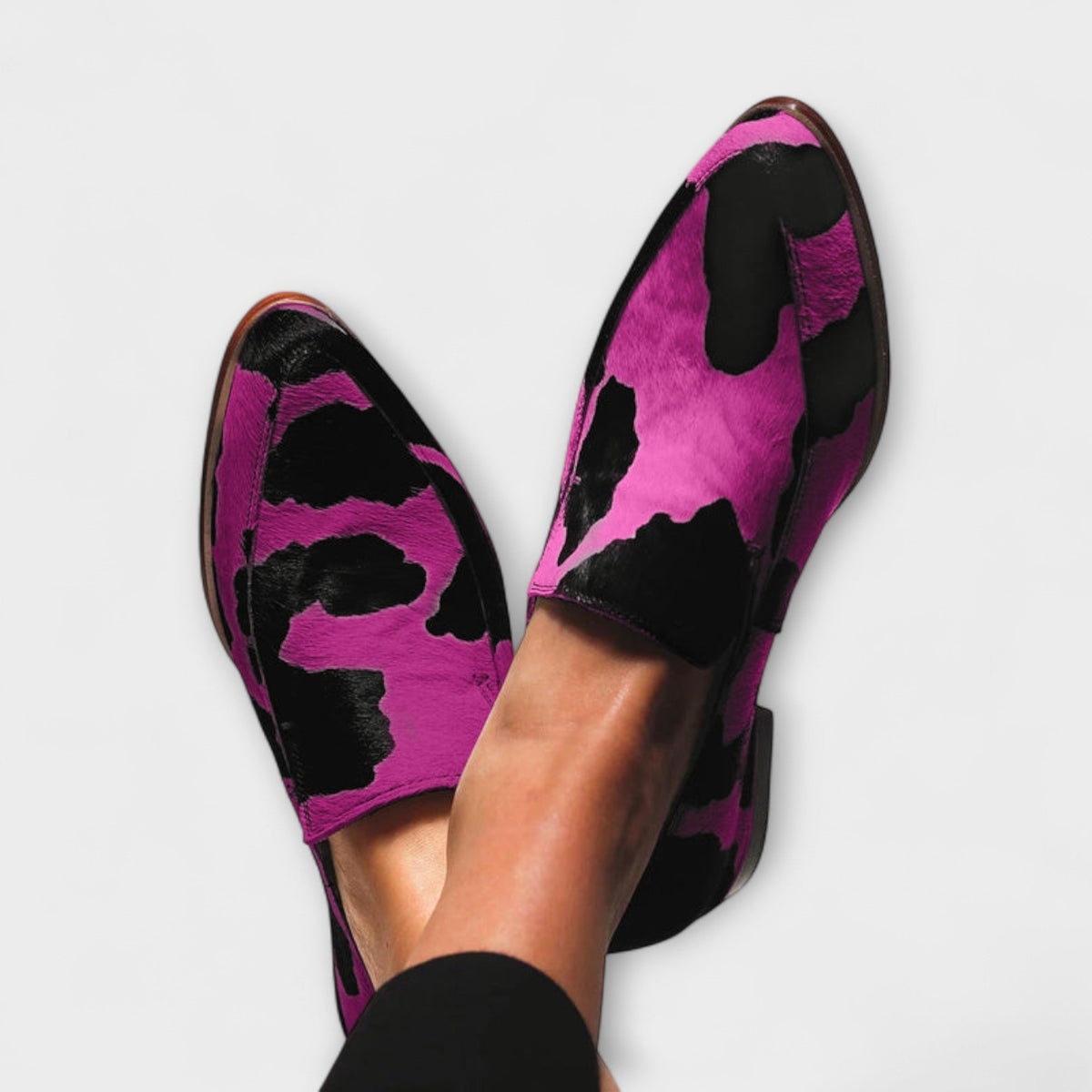 Cow print slip-on shoes, fuchsia with black spots, pointed toe