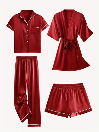 Red satin pajama set with mid-sleeve button top, belt-tied robe, and elastic pants