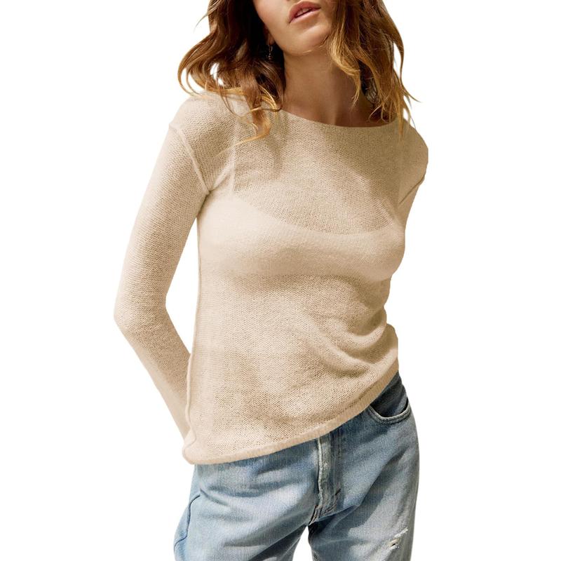 Beige sheer long-sleeve top with wide neckline and relaxed, lightweight drape