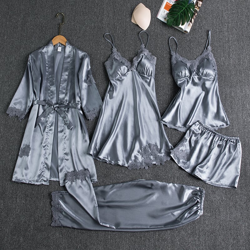 Silver-gray satin silk 5-piece nightwear set with lace-trim robe, camisole, and shorts