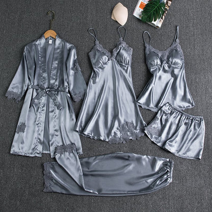 Silver-gray satin silk 5-piece nightwear set with lace-trim robe, camisole, and shorts