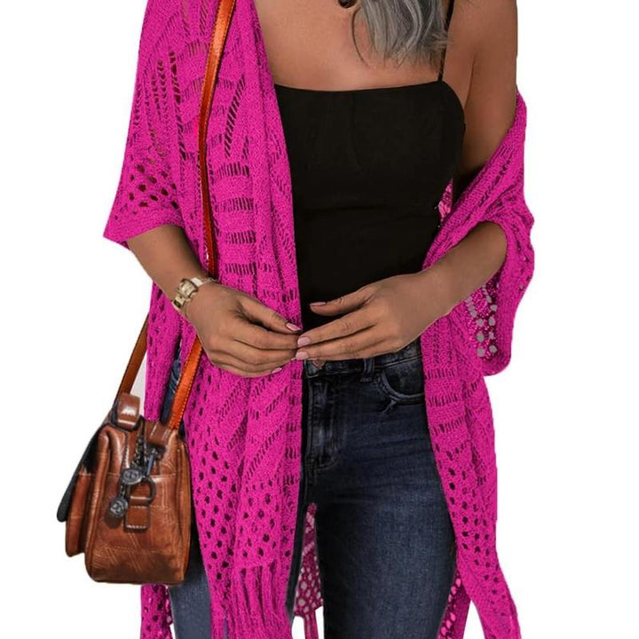 Open-front crochet knit cardigan in hot pink, short sleeves with openwork pattern