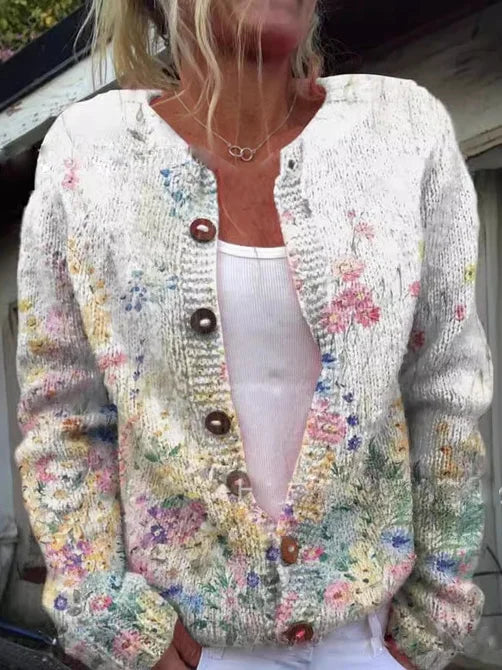 White vintage floral cardigan with V-neck and button front, long sleeves