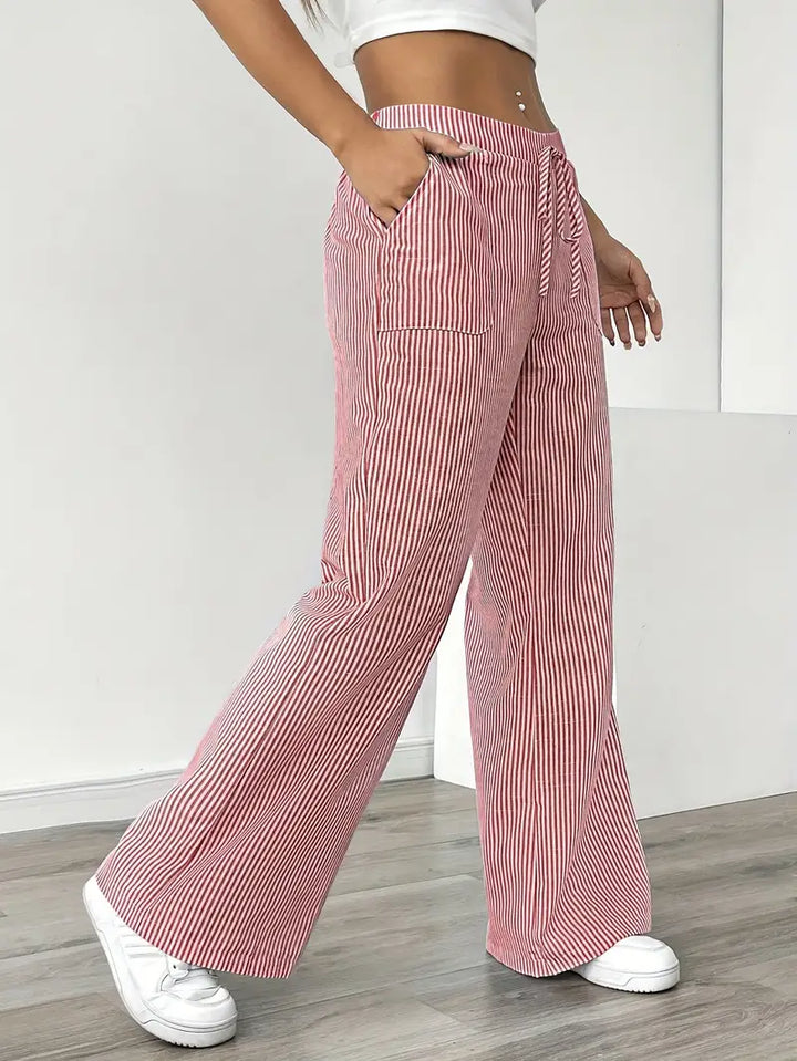 Pink striped wide-leg pants with tied drawstring and side pockets