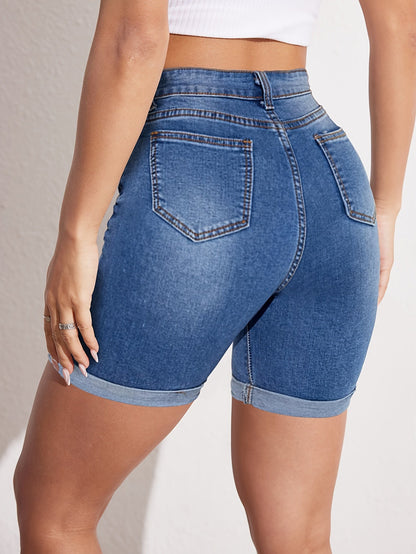 Light blue denim bermuda shorts with back patch pockets and curved yoke seam