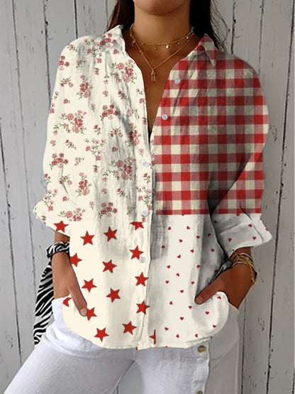 Multicolor patchwork blouse with floral and red plaid panels, long sleeves, button front