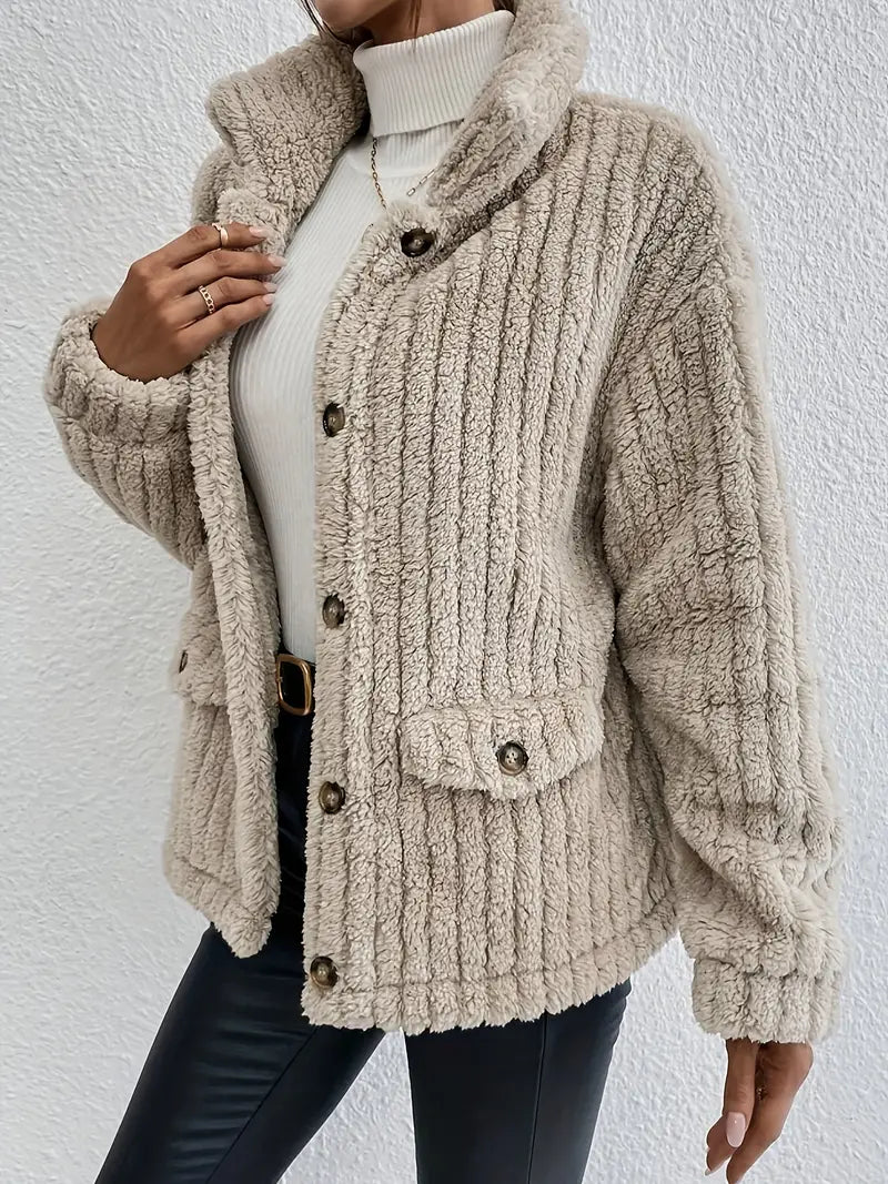 Beige double-sided velvet button cardigan with front button placket and patch pockets