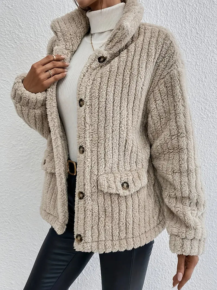 Beige double-sided velvet button cardigan with front button placket and patch pockets
