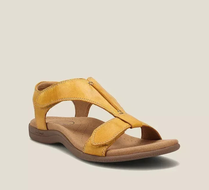Yellow orthopedic sandals with open toe and two straps