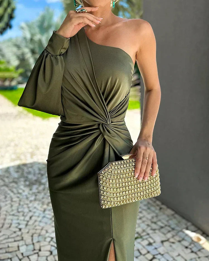 Olive one-shoulder long evening dress with one-side puff sleeve and knotted waist