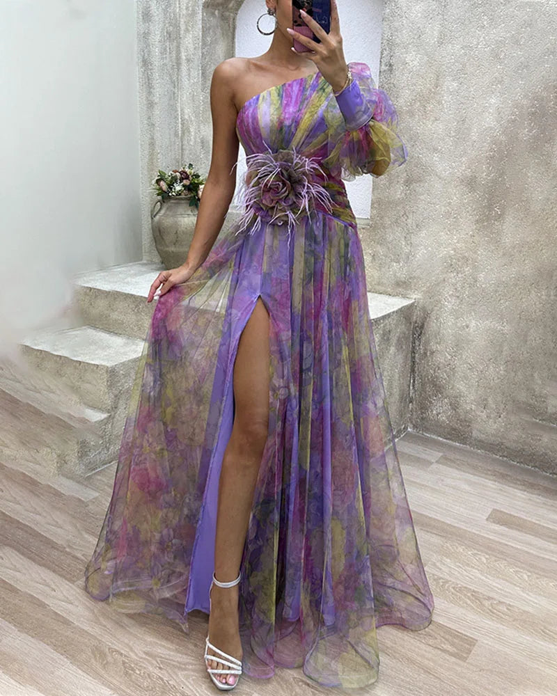 One-shoulder long-sleeve tulle dress, purple and yellow striped with thigh-high slit