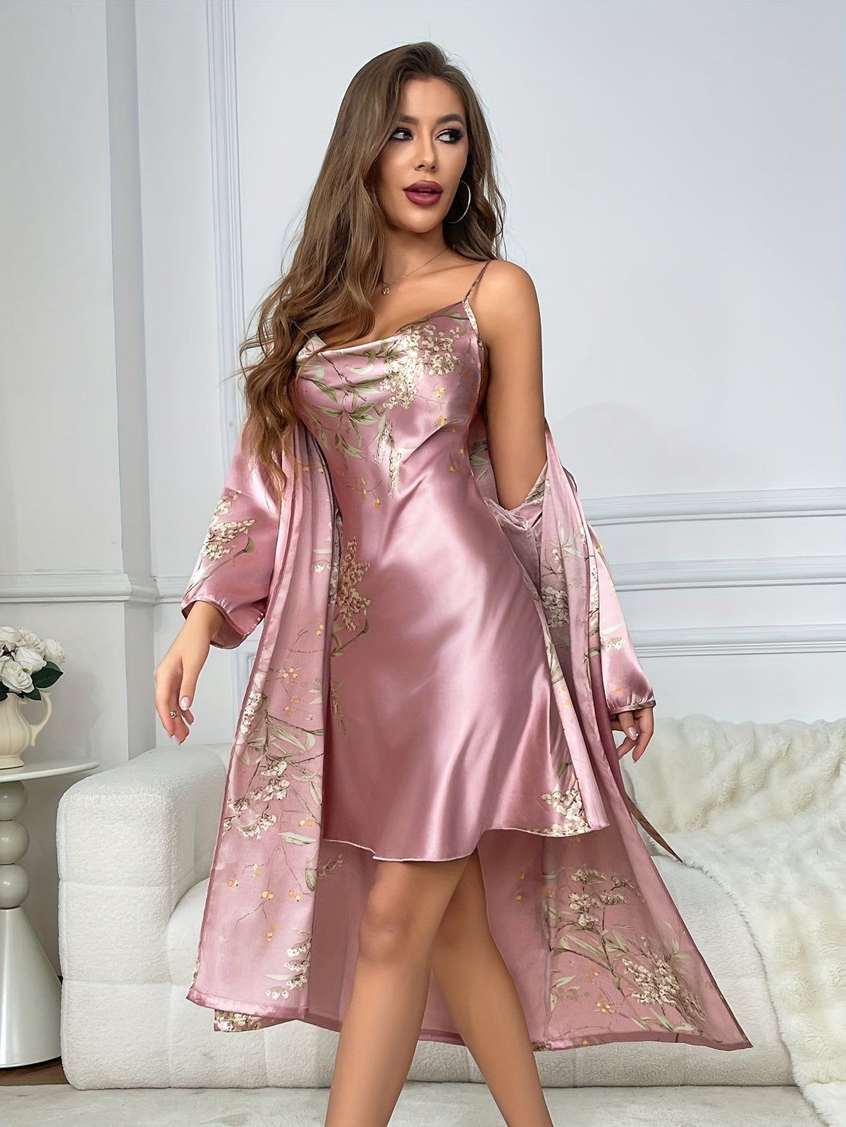 Pink satin floral camisole slip with matching robe, open front