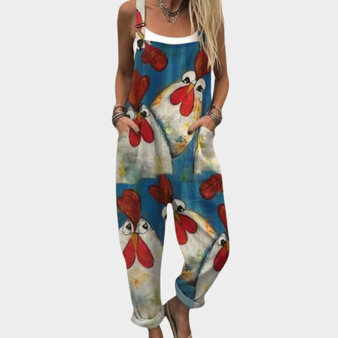 Multicolor printed overalls with bird and red floral motifs, wide legs, bib front