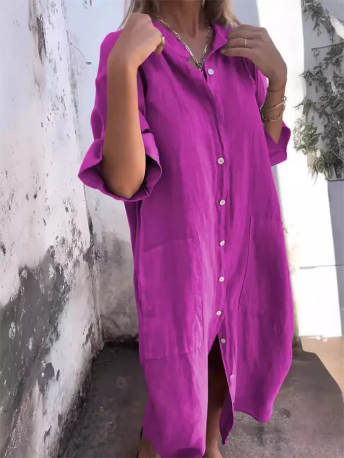 Button-front midi dress, purple with short sleeves and long side slit