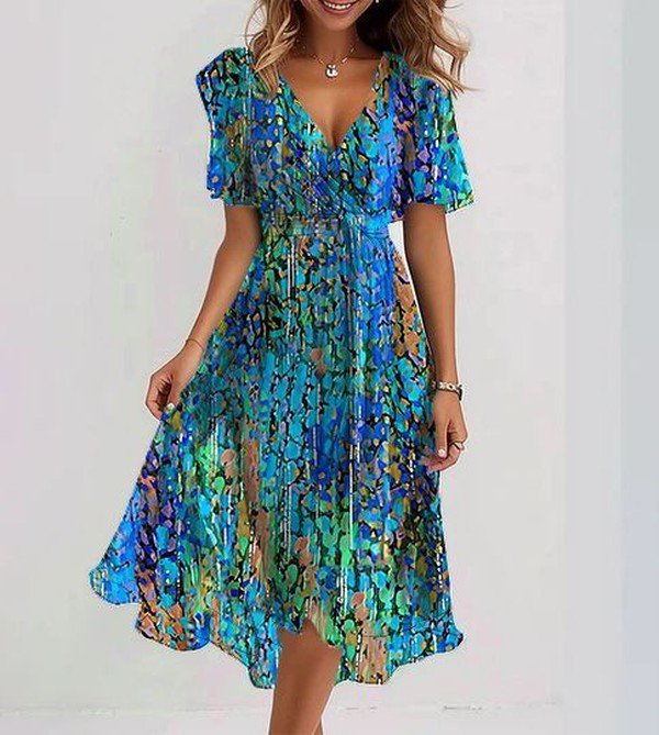 Jolie midi dress, blue V-neck with gathered short puff sleeves and flowing tiered skirt