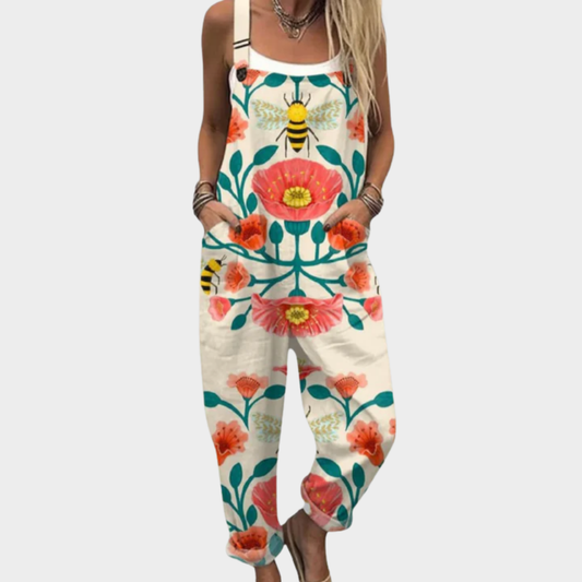 Multicolor printed overalls with floral and bee motif, sleeveless romper style
