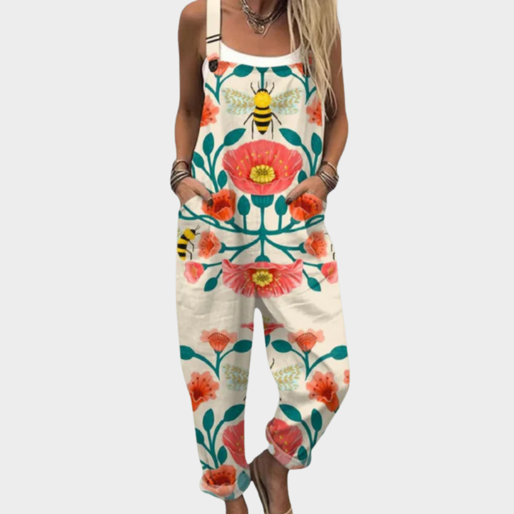 Multicolor printed overalls with floral and bee motif, sleeveless romper style