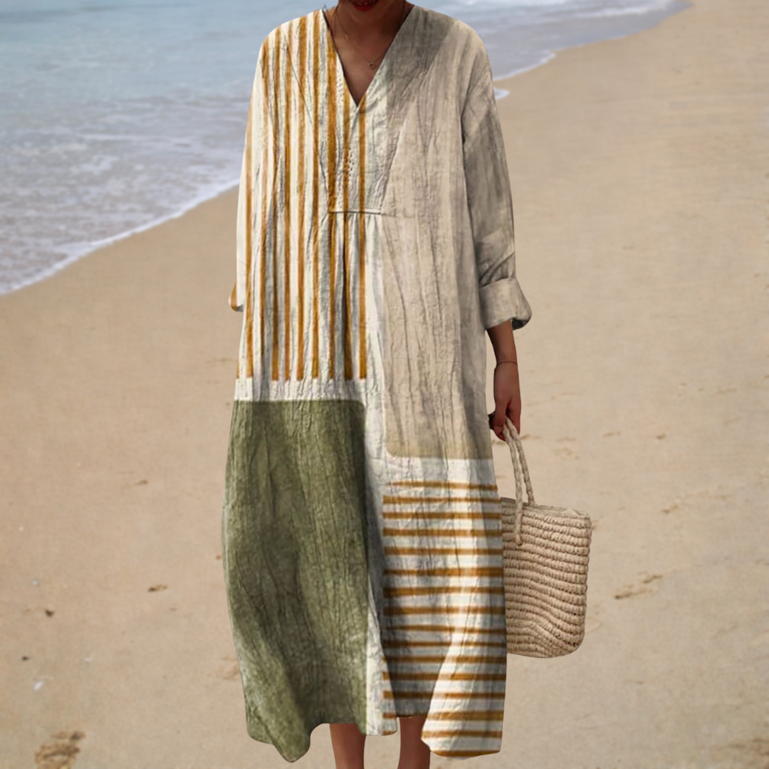Printed summer dress in olive and white, V-neck with three-quarter sleeves and patchwork stripe panels
