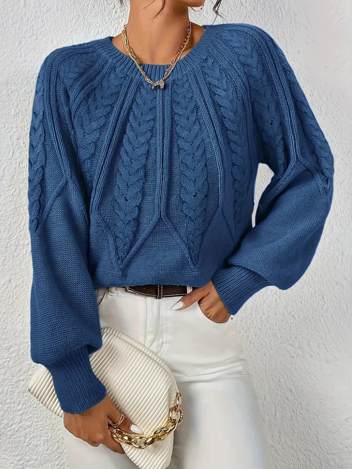 Classic comfort sweater in blue with cable knit design, crew neck, long sleeves