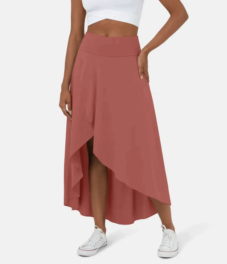 AMELIE asymmetric midi skirt in terracotta with high waist and layered high-low hem