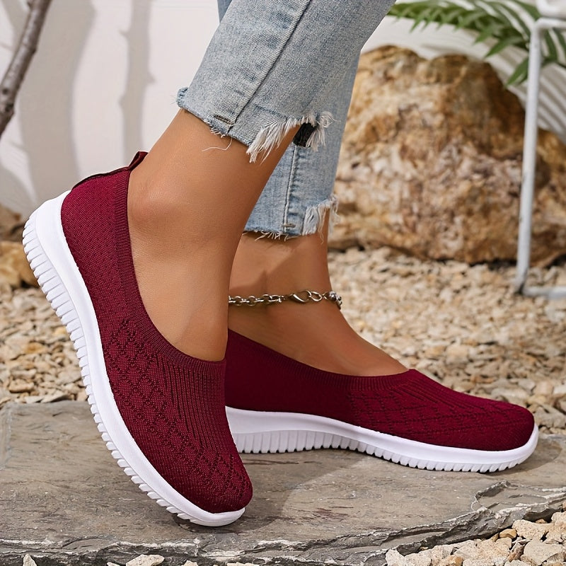 Non-slip knit slip-on shoes, burgundy with white rubber sole, side view