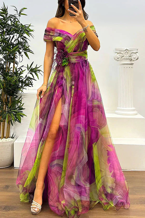 Off-shoulder maxi dress, pink-lime plaid with feathered waist and side slit