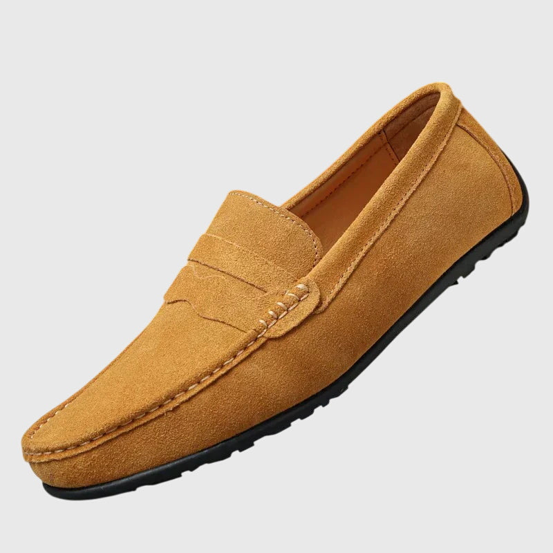 Beige suede orthopaedic loafers, slip-on moccasin with stitched seam