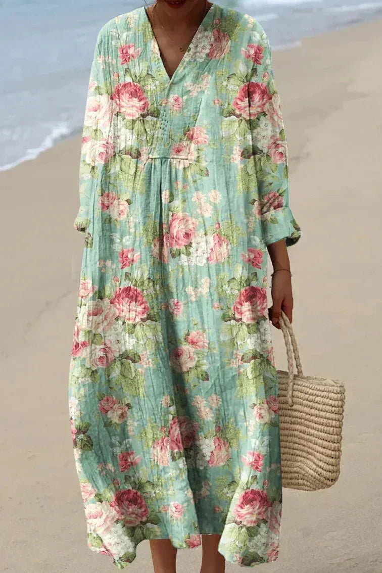 Mint green rose print midi dress, V-neck, long sleeves, gathered skirt