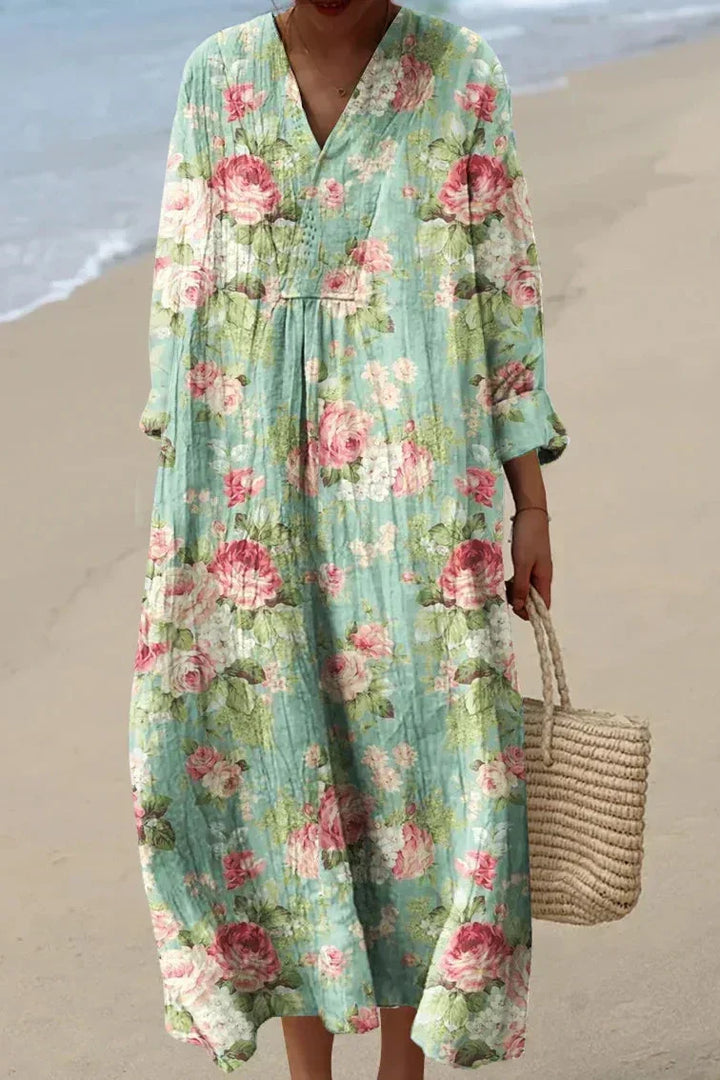 Mint green rose print midi dress, V-neck, long sleeves, gathered skirt