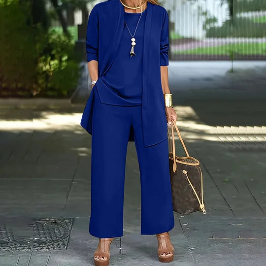 Blue three-piece set with open cardigan over short-sleeve top and wide-leg trousers