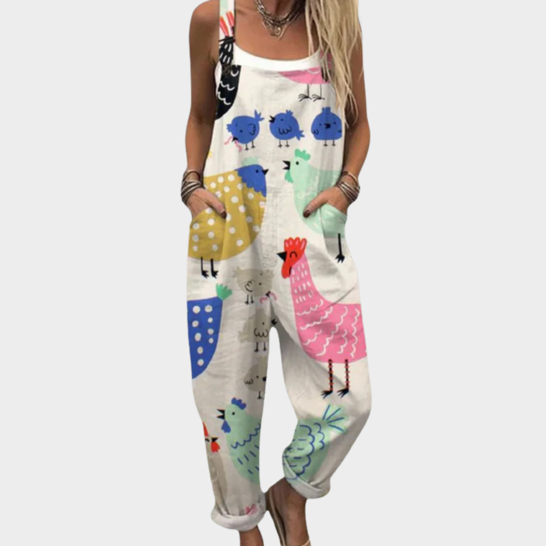 Multicolor animal-print overalls with wide legs and front pocket