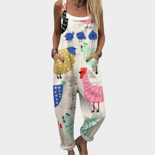 Multicolor animal-print overalls with wide legs and front pocket