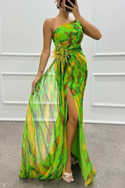 Strapless tie-dye maxi dress with front slit, green and yellow