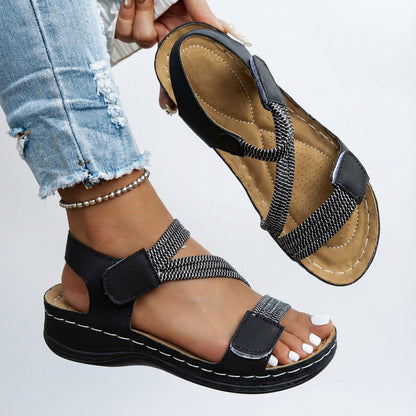 Orthopedic comfort sandals, black adjustable straps with textured sling and padded sole