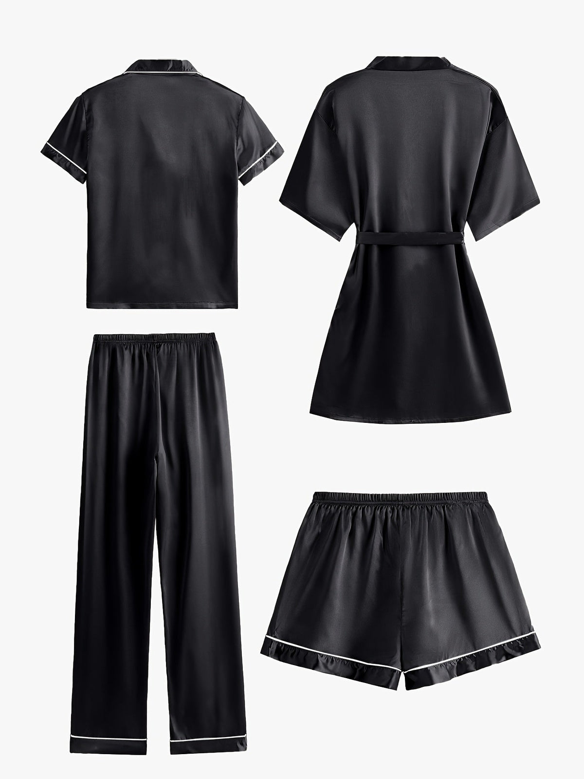 Black satin pajama set showing back views: top, robe, elastic pants, and shorts