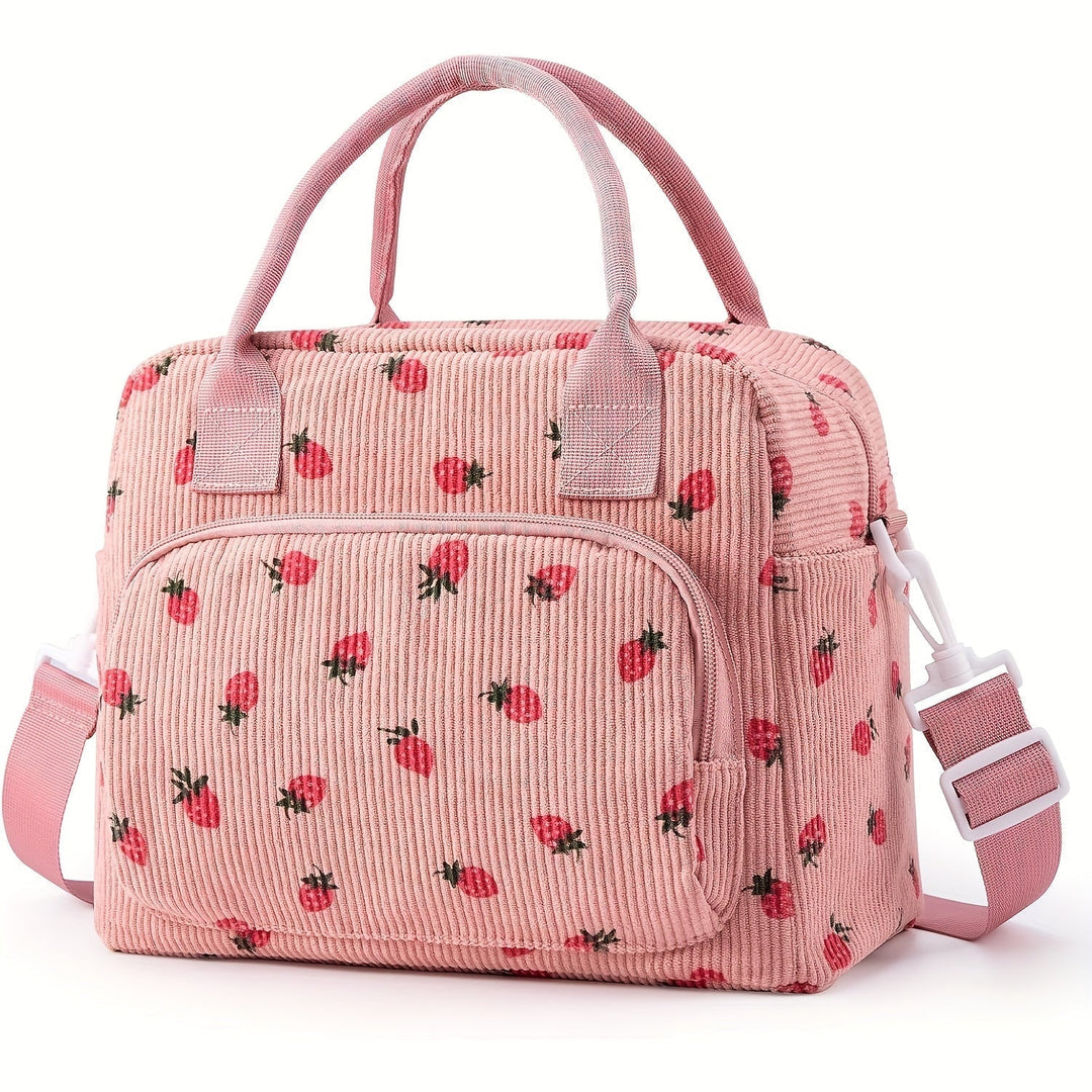 Pink strawberry print organizer tote bag with zip front pocket and crossbody strap