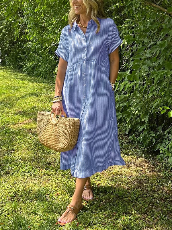 Blue striped button-up dress with short sleeves and gathered waist.