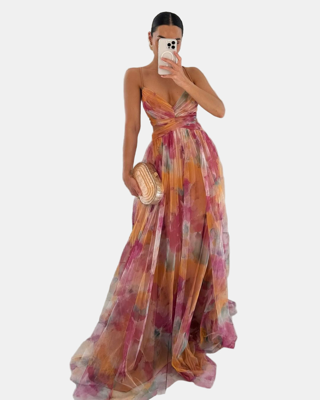 Multicolor maxi dress with draped V-neck bodice and pleated skirt