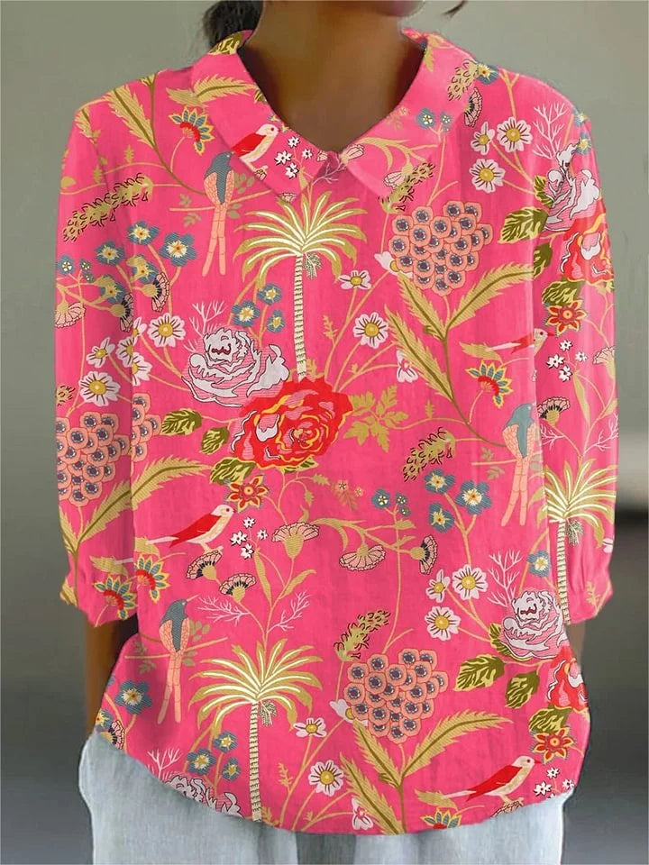 Maeve tropical garden blouse, bright pink with colorful bird and floral print, V-neck button placket
