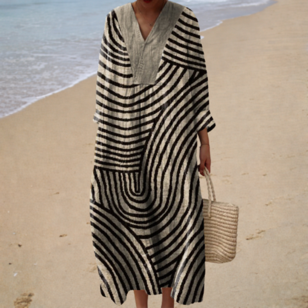Printed summer dress with V-neck, striped long sleeves, flowy midi length, black and white