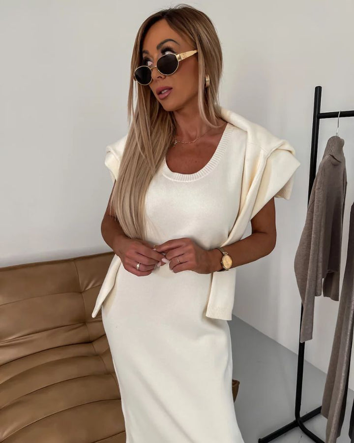 Cream knit midi dress with scoop neckline and draped sleeveless-look cardigan