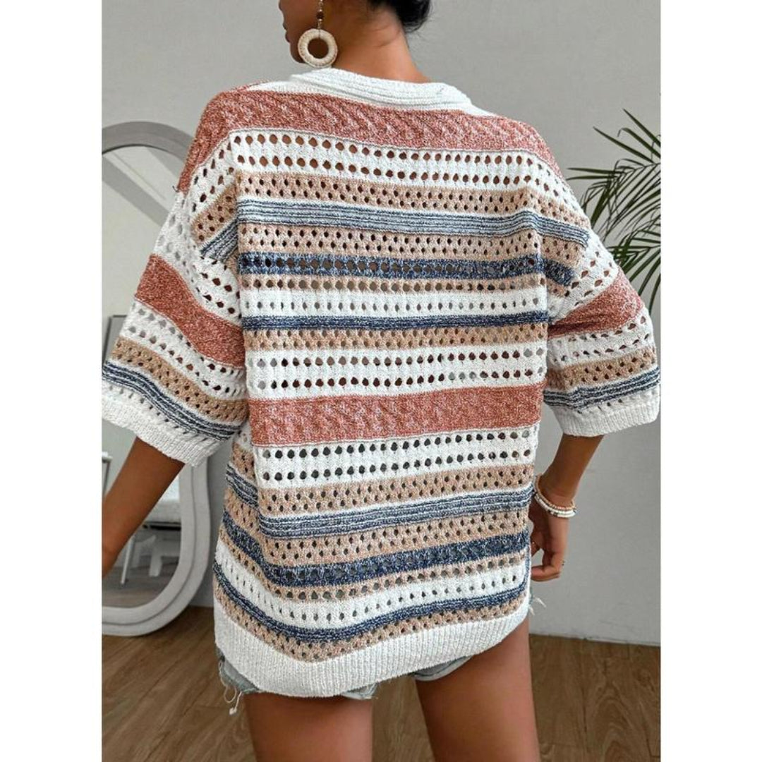 KELISE™ striped crochet V-neck summer top, back view, in rust, blue, and cream