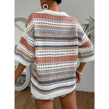 KELISE™ striped crochet V-neck summer top, back view, in rust, blue, and cream