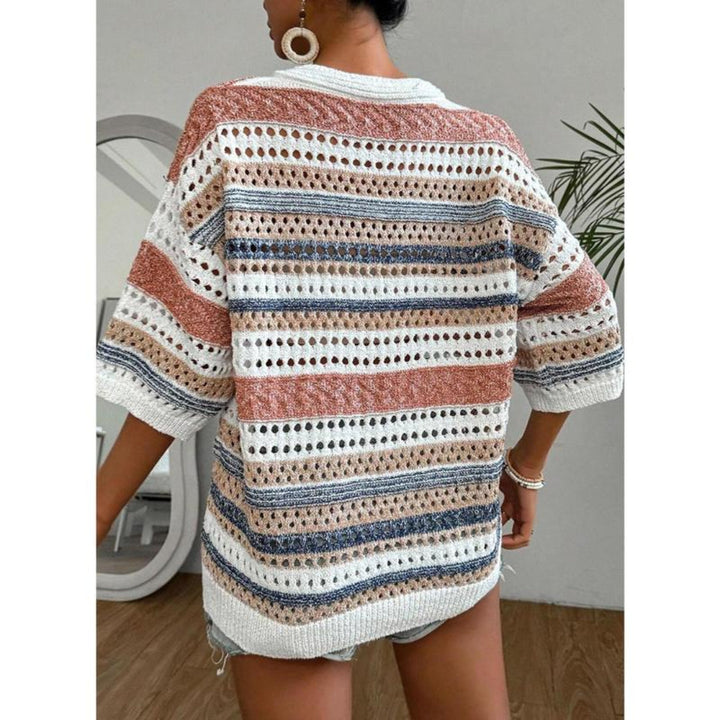 KELISE™ striped crochet V-neck summer top, back view, in rust, blue, and cream