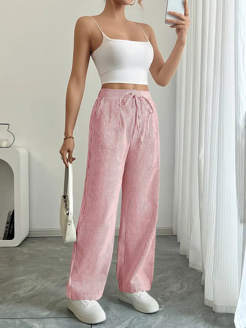Pink striped wide-leg pants with elastic waistband, tied drawstring, side pockets