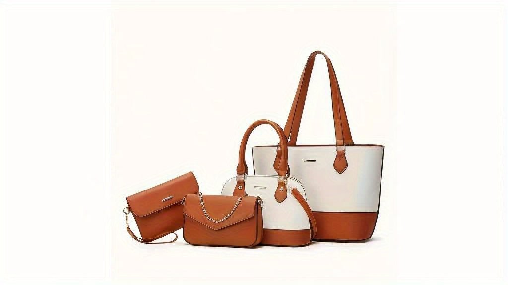Mother and daughter bag set in white with brown accents, includes tote, shoulder bag, and small crossbody