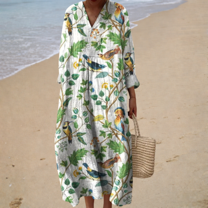 White printed summer dress with bird and leaf pattern, V-neck, button front, elbow sleeves