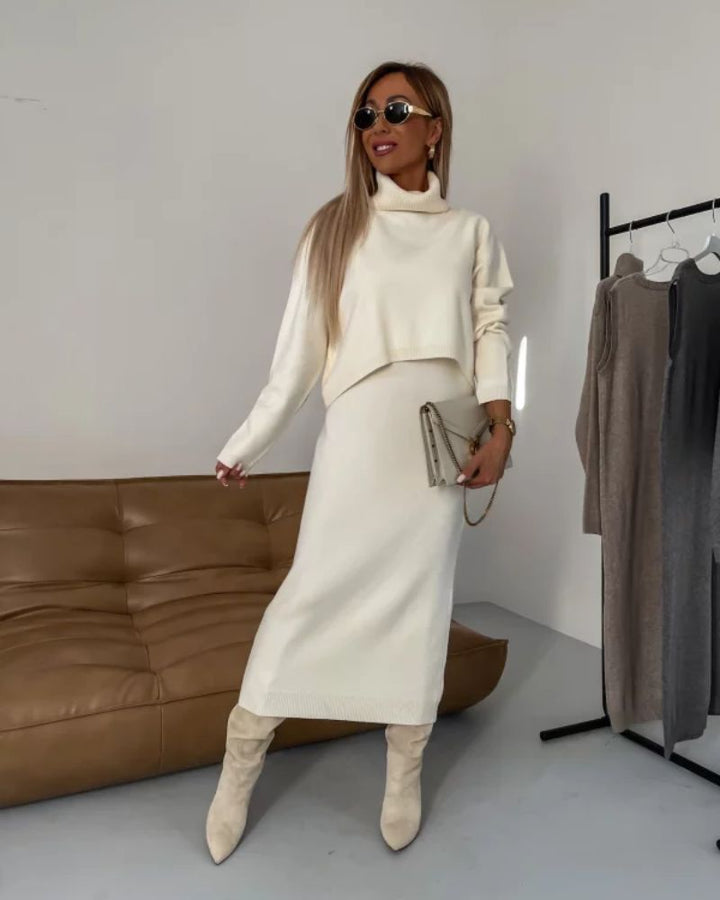 Cream knit midi dress with cowl neckline and long sleeves, coordinated with top